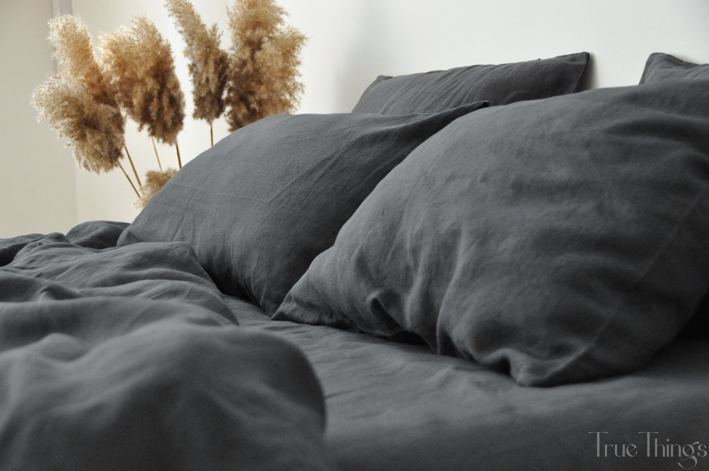 READY TO SHIP Charcoal linen duvet cover 1 duvet cover Softened linen Washed black comforter cover Quilt cover Ribbon ties