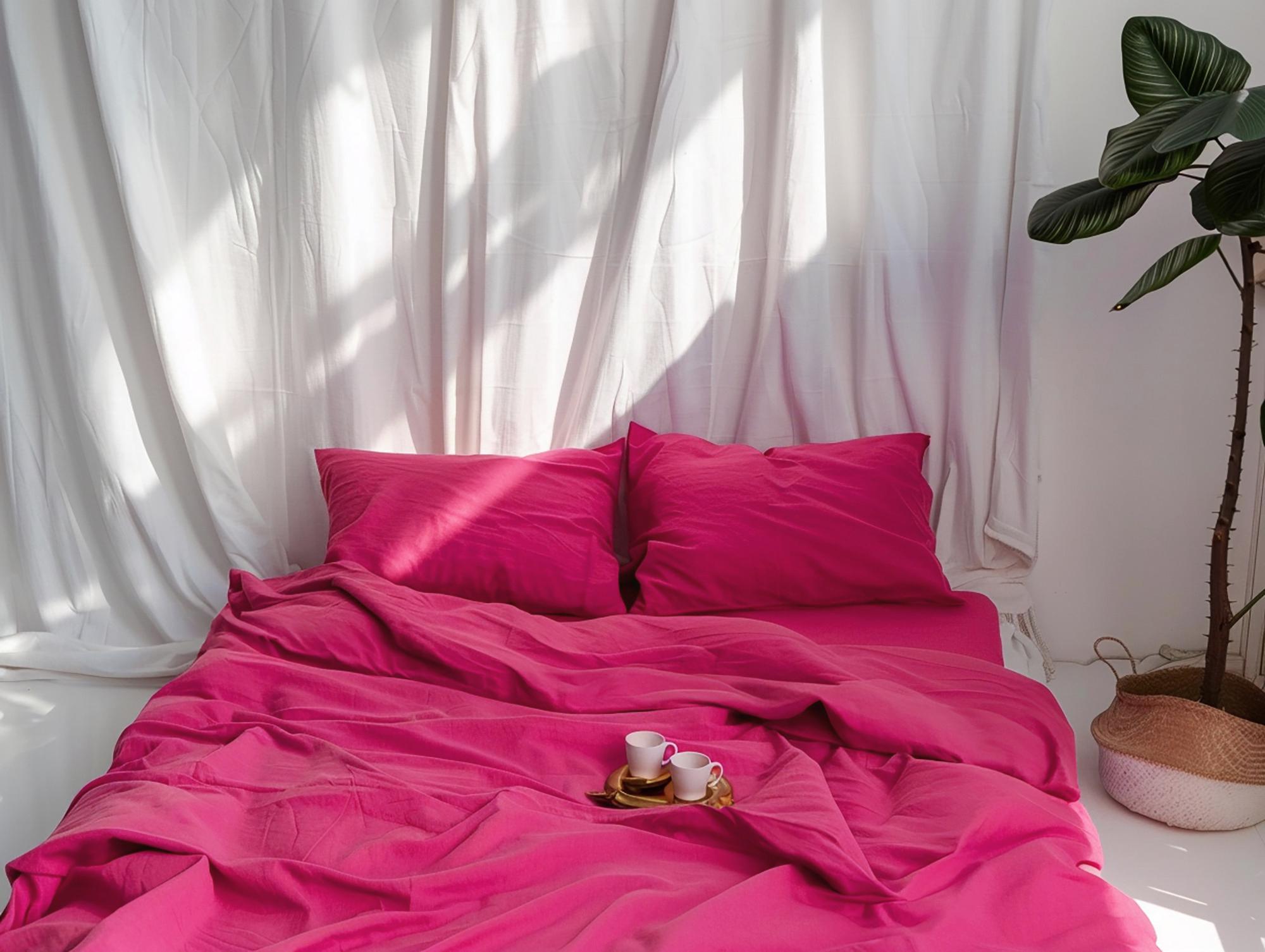 READY TO SHIP Fuchsia linen flat sheet 1 Flat sheet Softened linen sheet Stonewashed linen Pink linen bedsheet Farmhouse decor