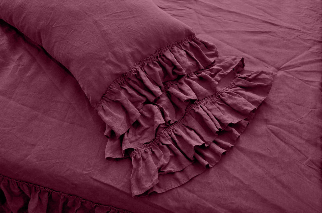 READY TO SHIP Burgundy linen triple ruffled bedding set Duvet cover and 2 pillowcases with ruffles Softened linen Comforter cover set Quilt