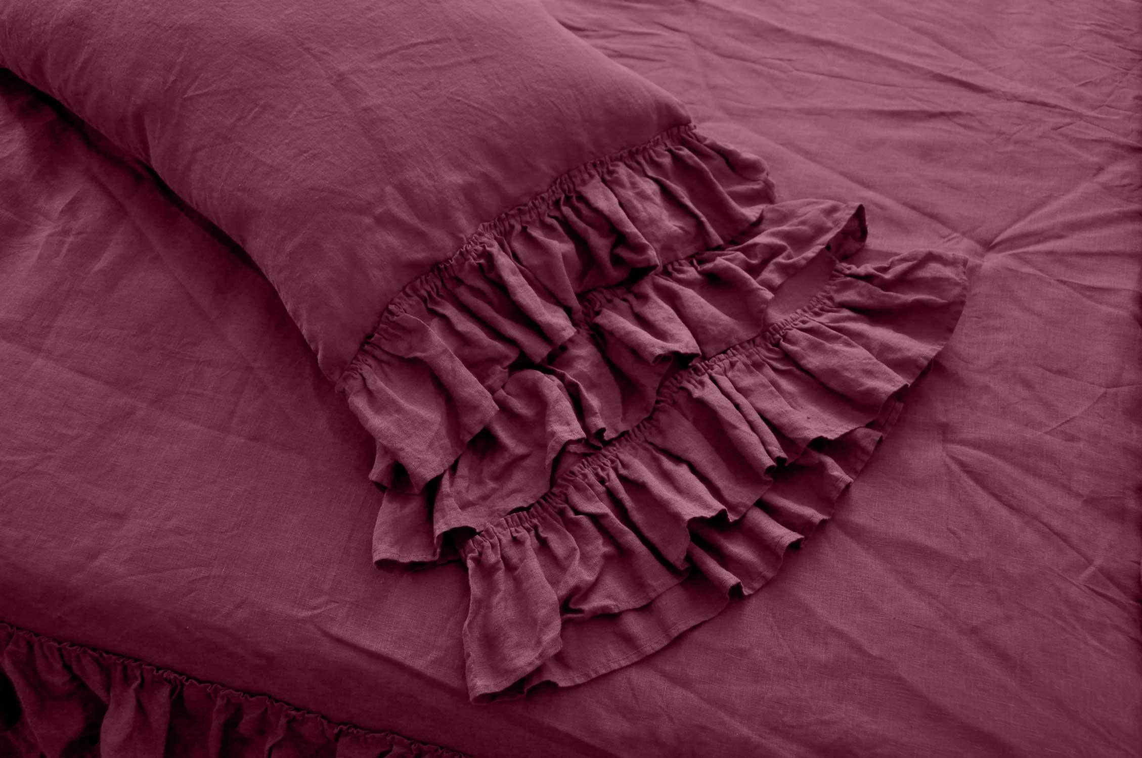 READY TO SHIP Burgundy linen triple ruffled bedding set Duvet cover and 2 pillowcases with ruffles Softened linen Comforter cover set Quilt