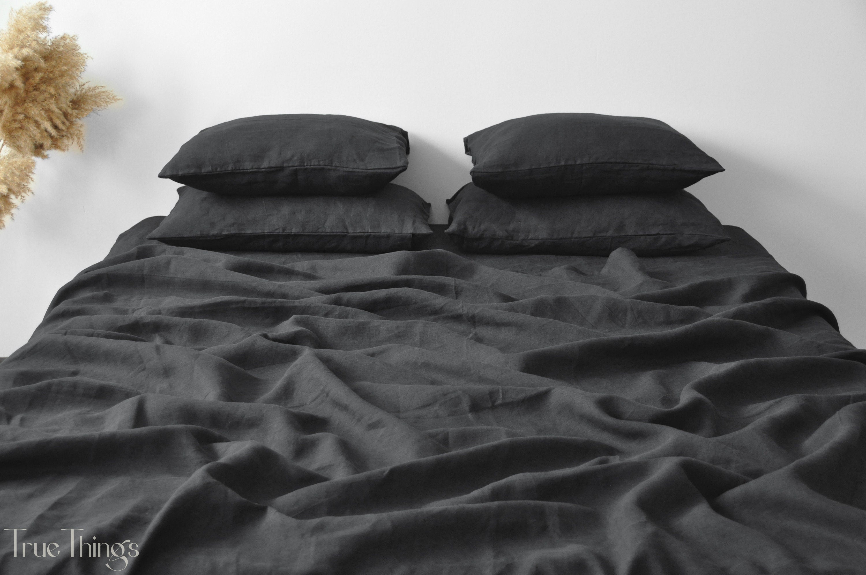 READY TO SHIP 1 Charcoal linen fitted sheet and 2 pillowcases Fitted sheet Softened linen sheet Stonewashed linen