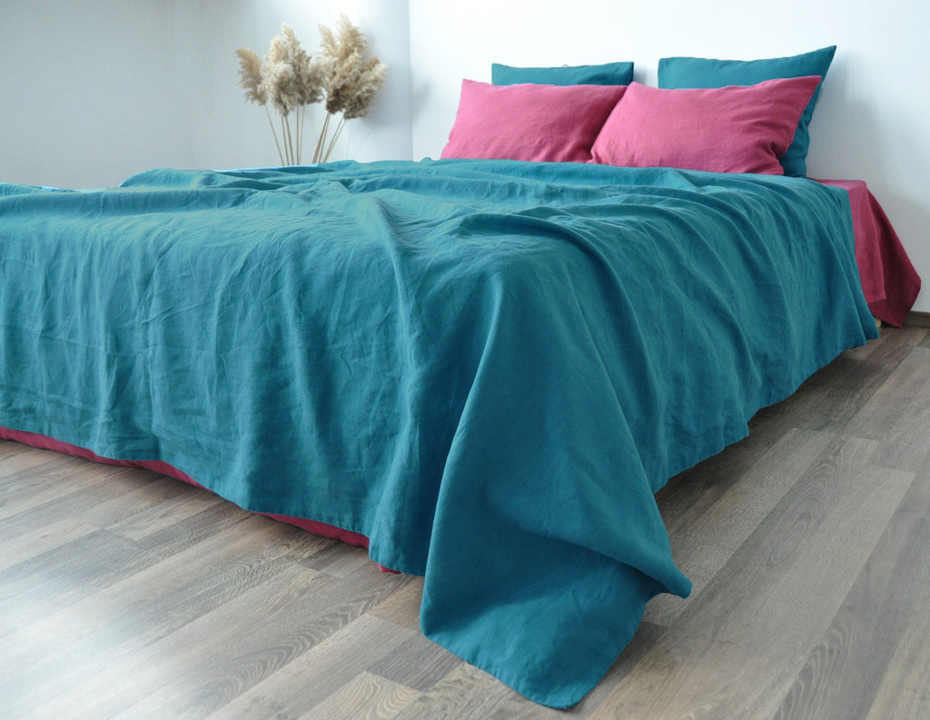 READY TO SHIP Sea wave linen coverlet Blue double layered linen coverlet Stonewashed Medium weight blanket Summer blanket