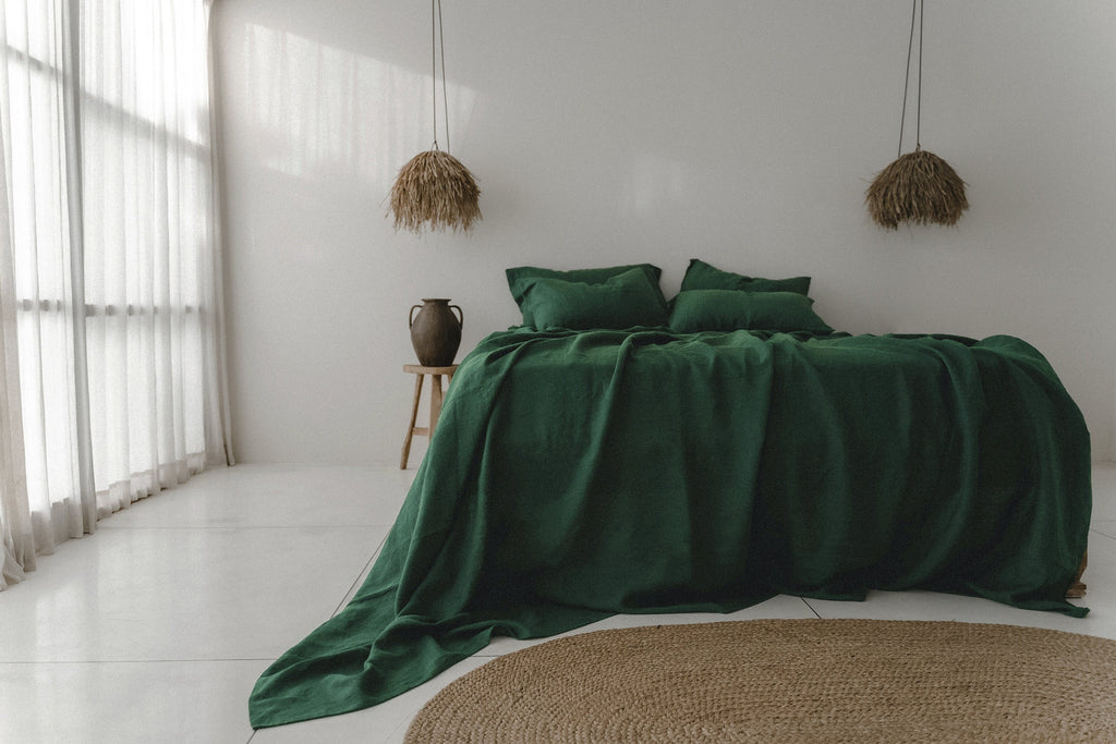 READY TO SHIP Forest green softened linen sheet set King flat sheet and King fitted sheet and 2 King pillowcases Emerald green bedding set