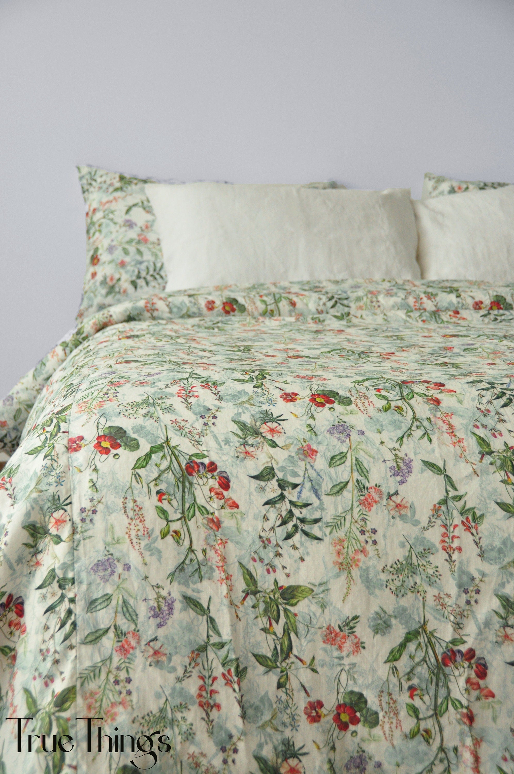 READY TO SHIP / Floral linen bedding set / Queen duvet cover + 2 Queen pillowcases with floral print / Comforter cover set / Softened linen