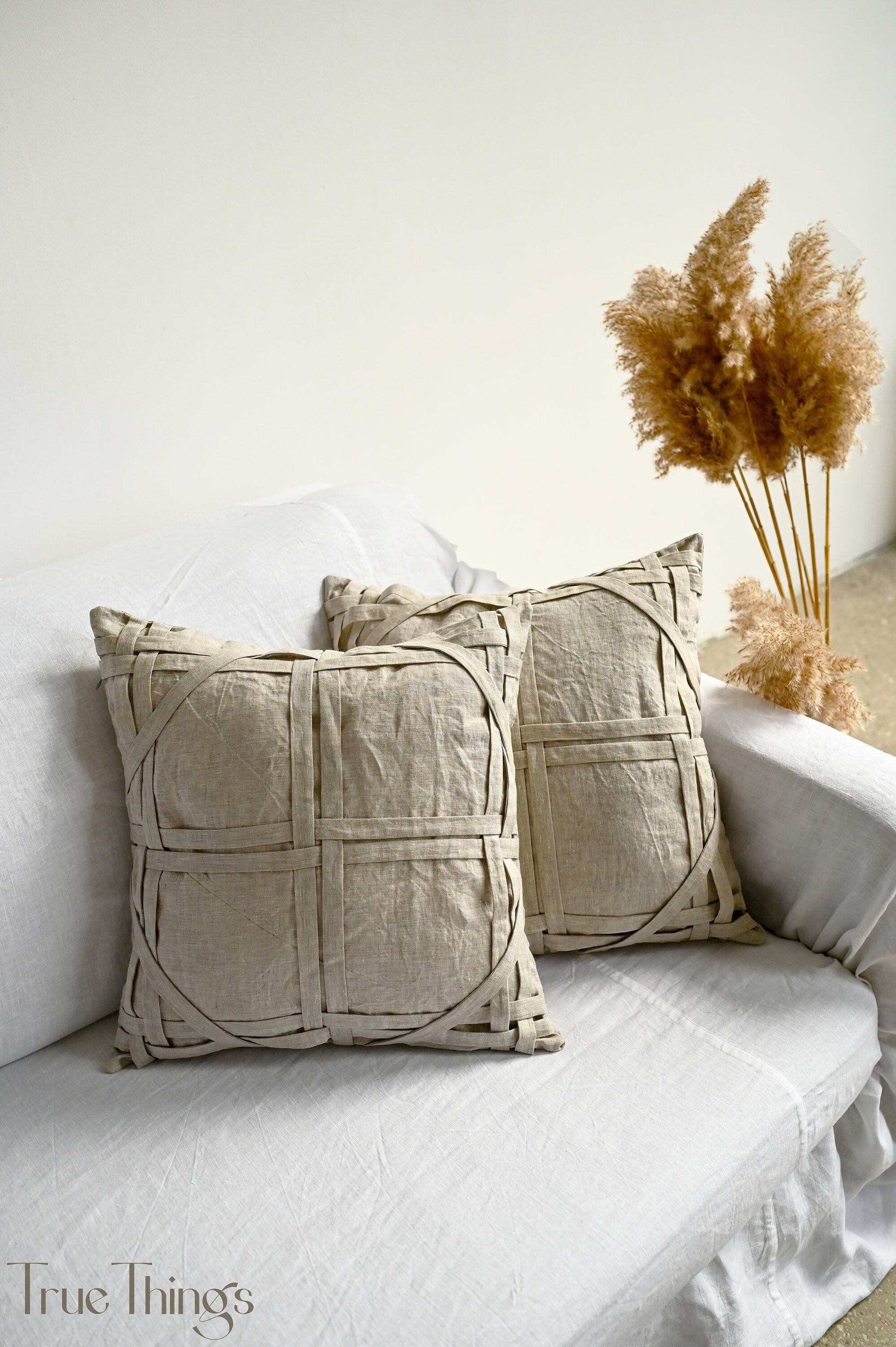 READY TO SHIP 1 undyed linen pillowcase Undyed linen pillow cover with fabric stripes Decorative Zipper closure