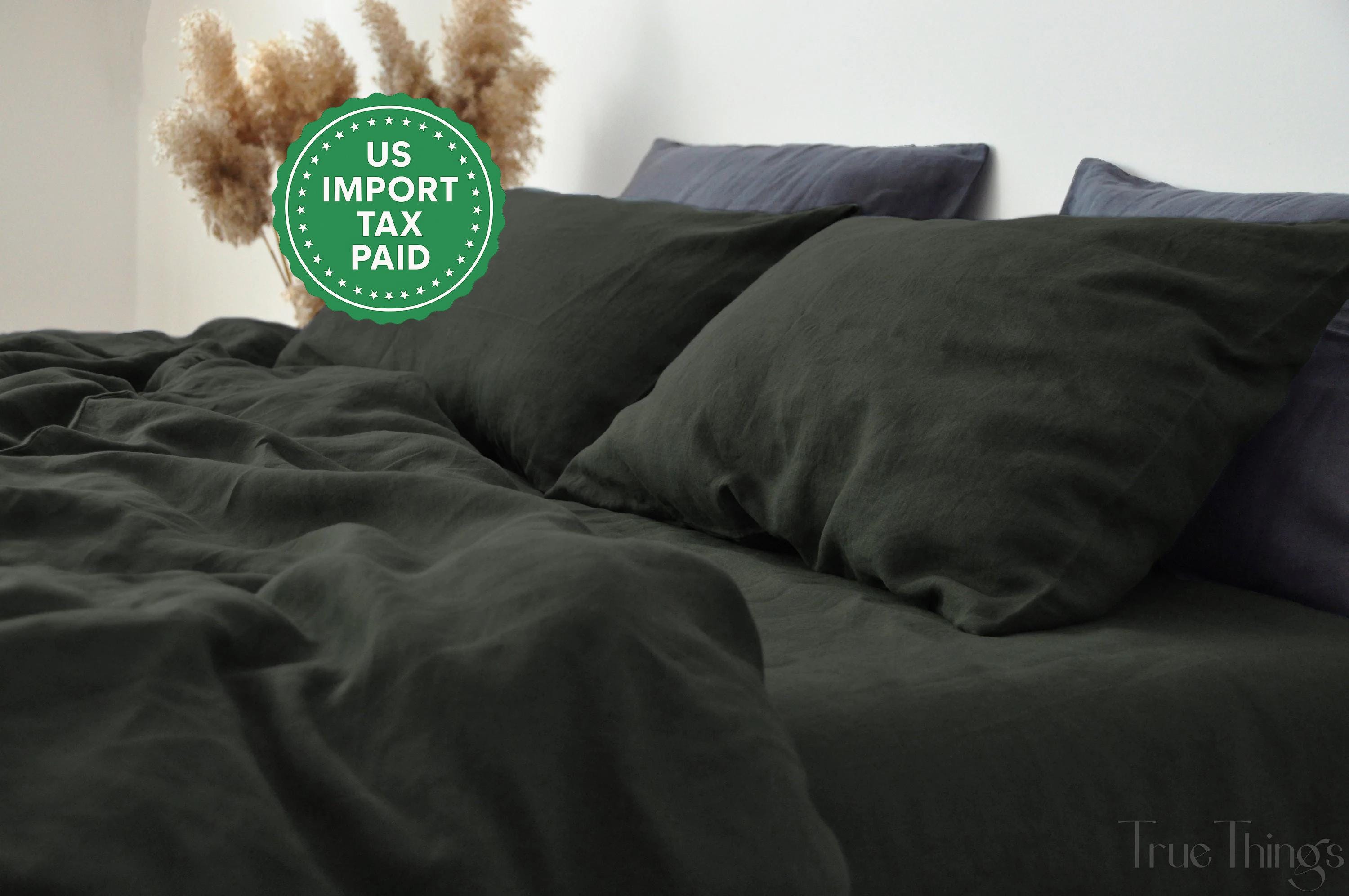 READY TO SHIP Charcoal green linen duvet cover 1 duvet cover Softened linen Comforter cover Coconut buttons Ribbon ties   Hidden closure