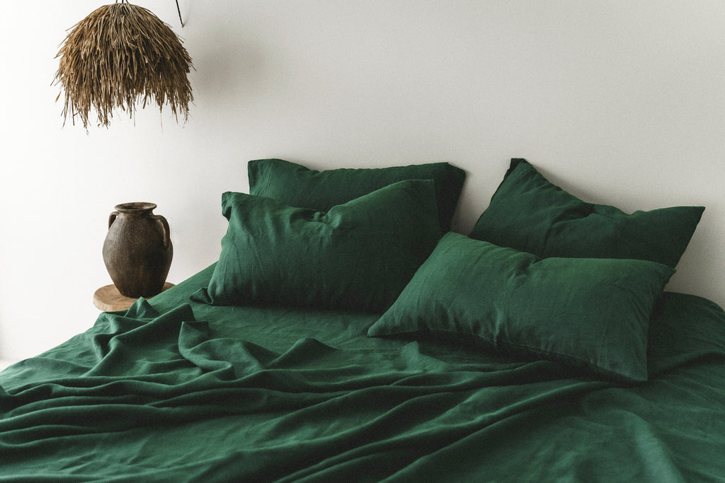 READY TO SHIP Forest green softened linen sheet set King flat sheet and King fitted sheet and 2 King pillowcases Emerald green bedding set