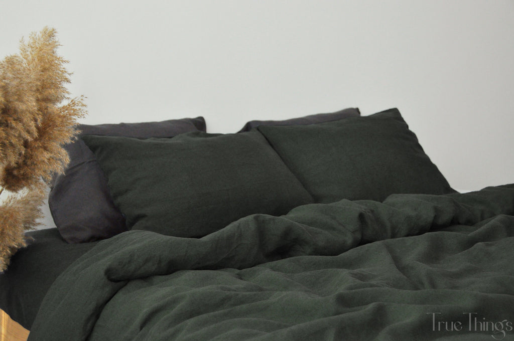 READY TO SHIP Charcoal green linen duvet cover 1 duvet cover Softened linen Comforter cover Coconut buttons Ribbon ties   Hidden closure