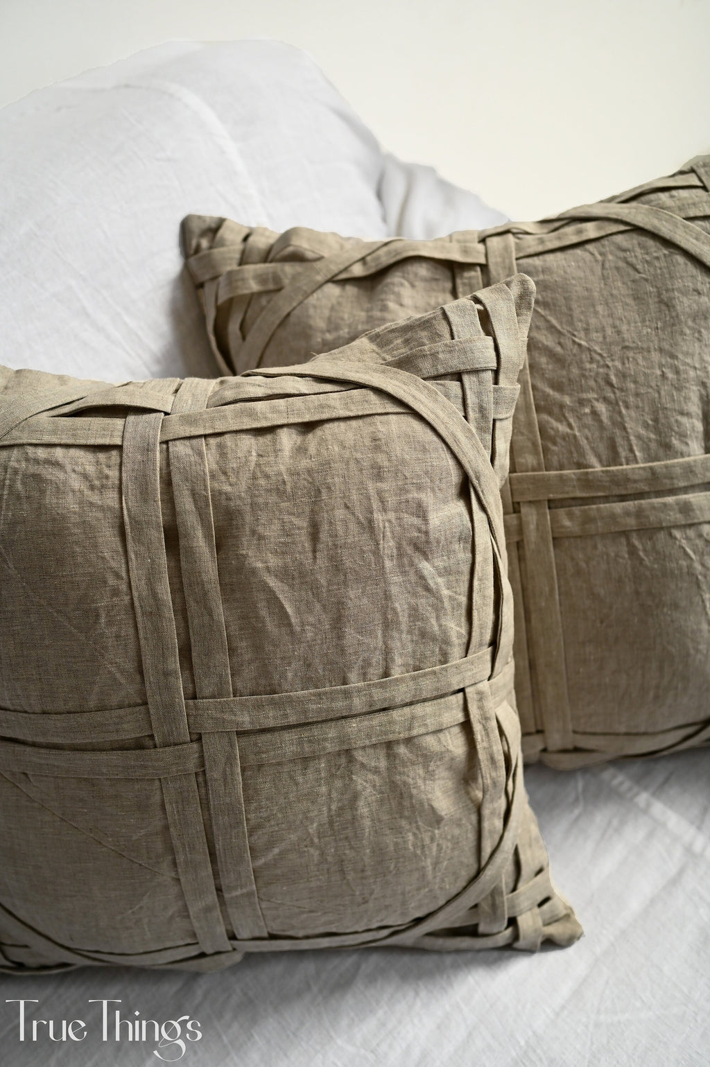 READY TO SHIP 1 undyed linen pillowcase Undyed linen pillow cover with fabric stripes Decorative Zipper closure