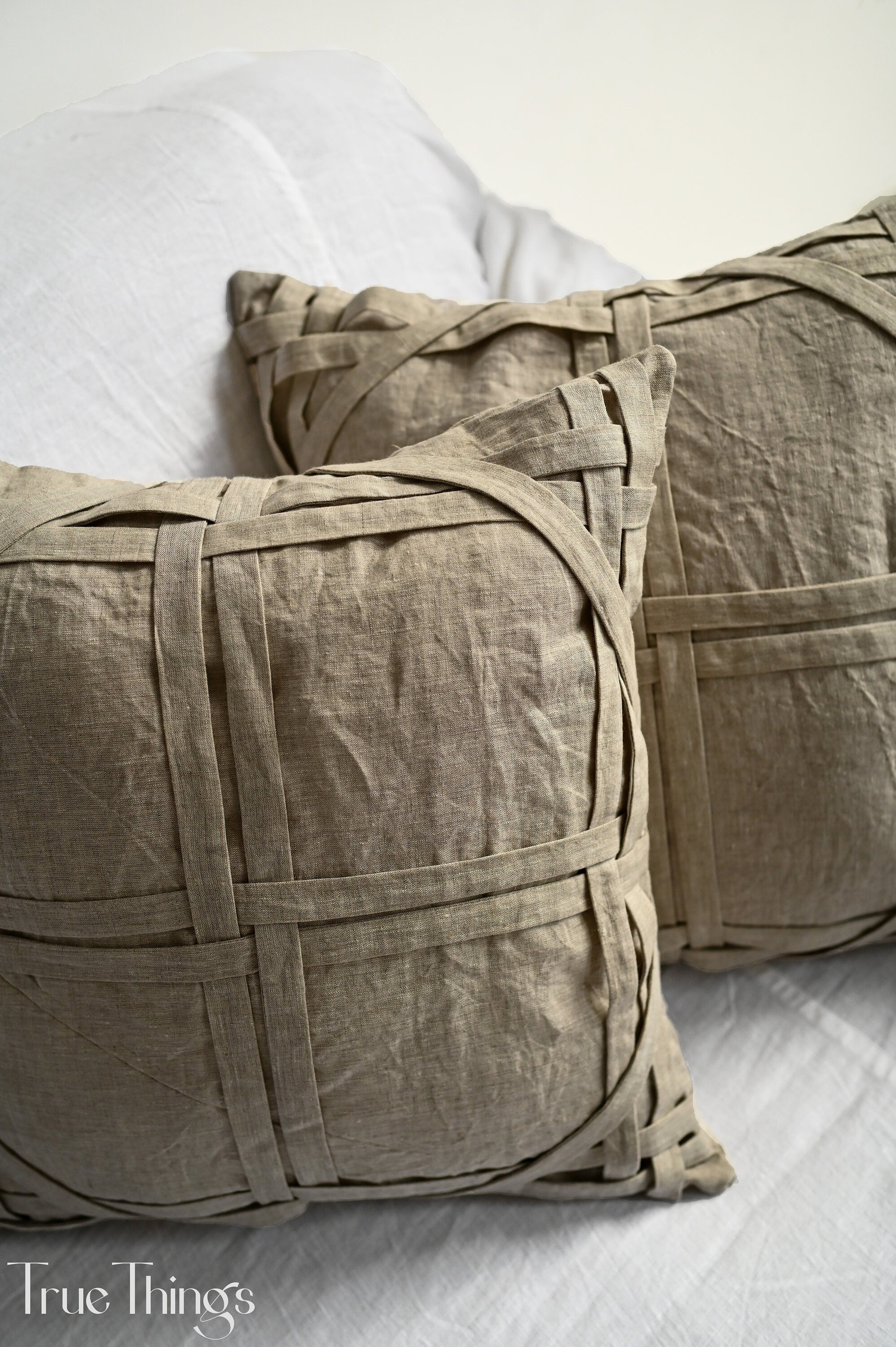 READY TO SHIP 1 undyed linen pillowcase Undyed linen pillow cover with fabric stripes Decorative Zipper closure