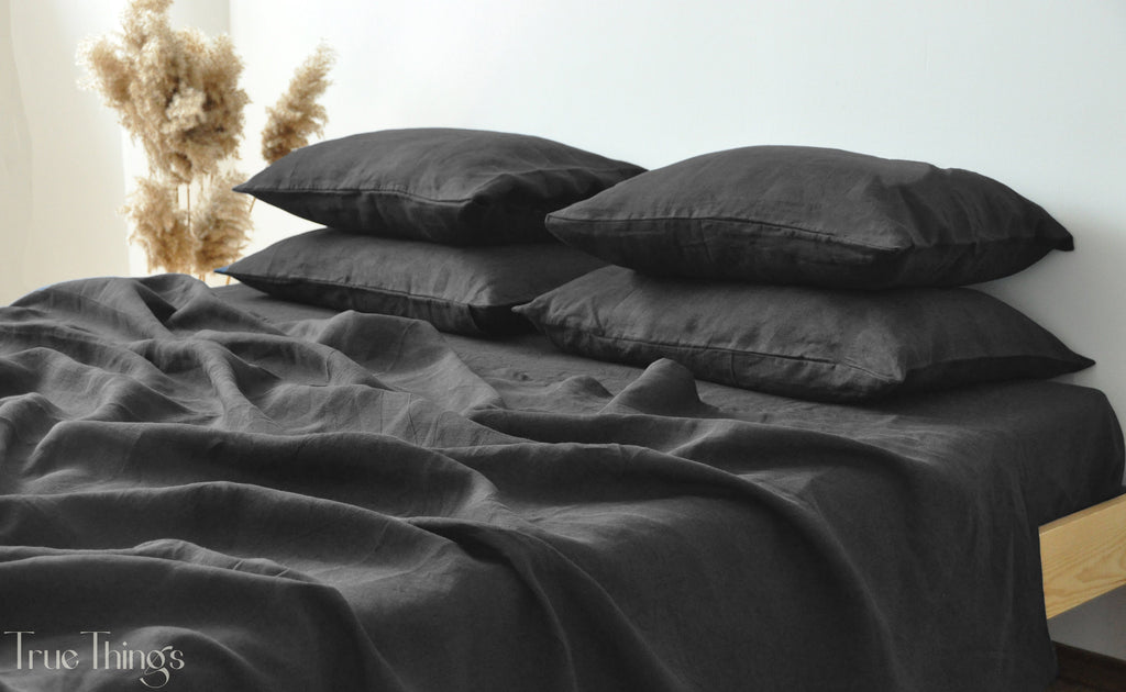 READY TO SHIP 1 Charcoal linen fitted sheet and 2 pillowcases Fitted sheet Softened linen sheet Stonewashed linen
