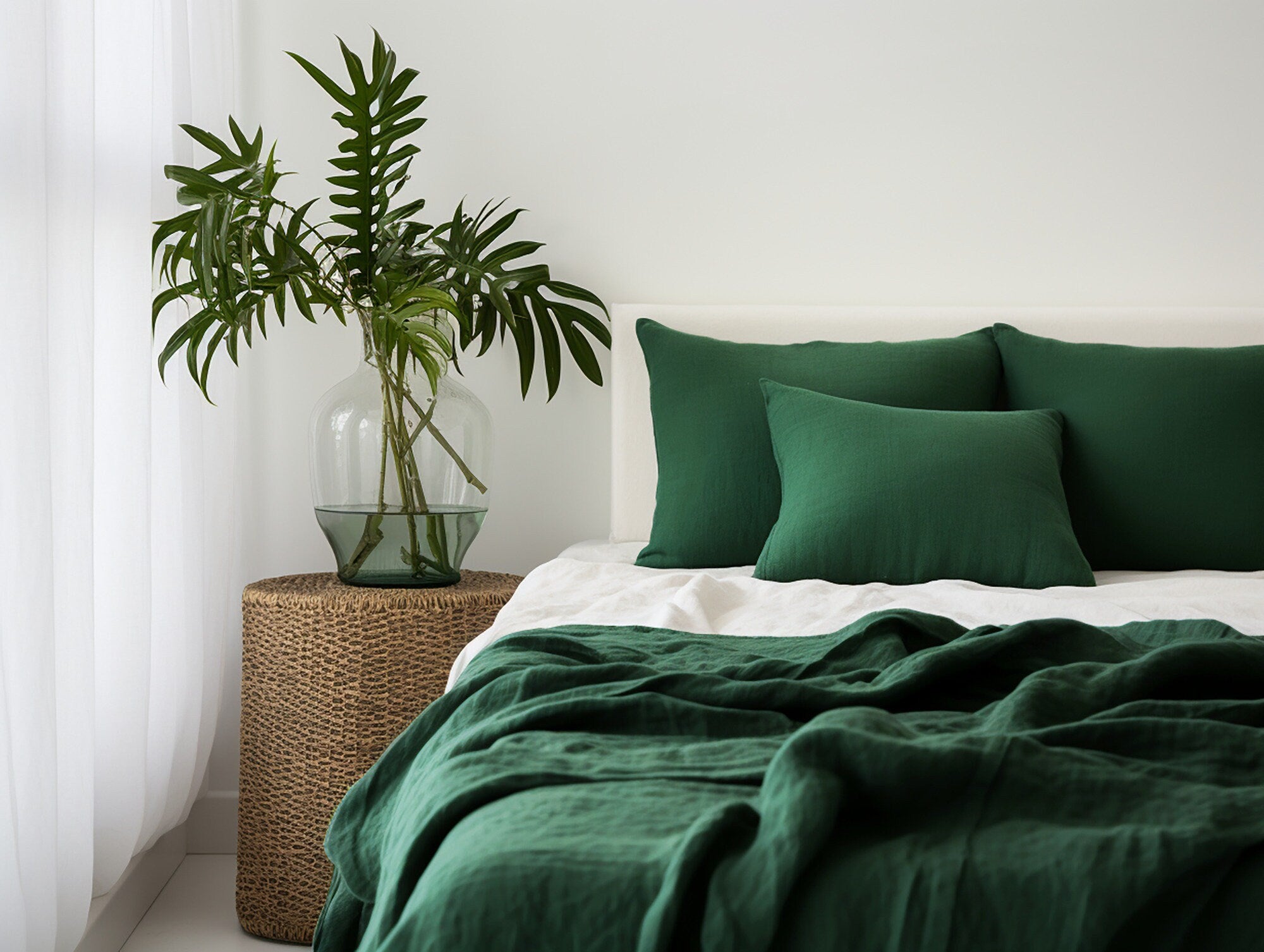 READY TO SHIP Forest green softened linen coverlet Medium weight Green bed cover Twin blanket Emerald green bed throw