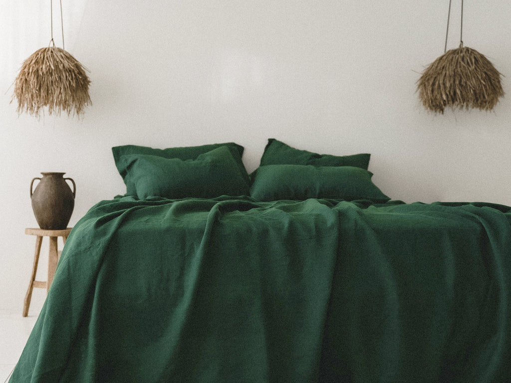 READY TO SHIP Forest green softened linen sheet set King flat sheet and King fitted sheet and 2 King pillowcases Emerald green bedding set