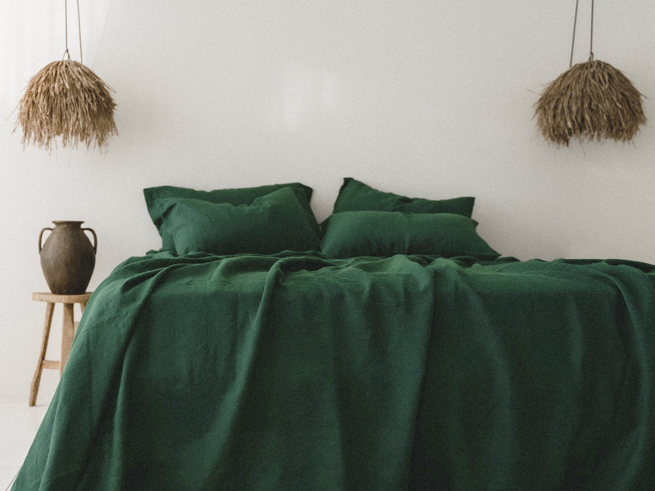 READY TO SHIP Forest green softened linen sheet set King flat sheet and King fitted sheet and 2 King pillowcases Emerald green bedding set