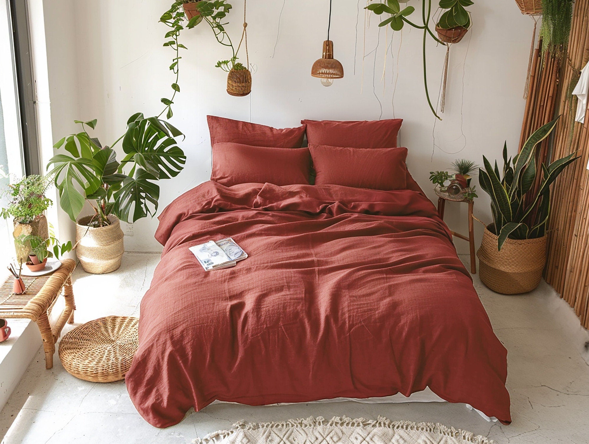 READY TO SHIP Set of 2 Redwood linen pillowcases Super Standard Envelope closure Red brown linen pillow cover