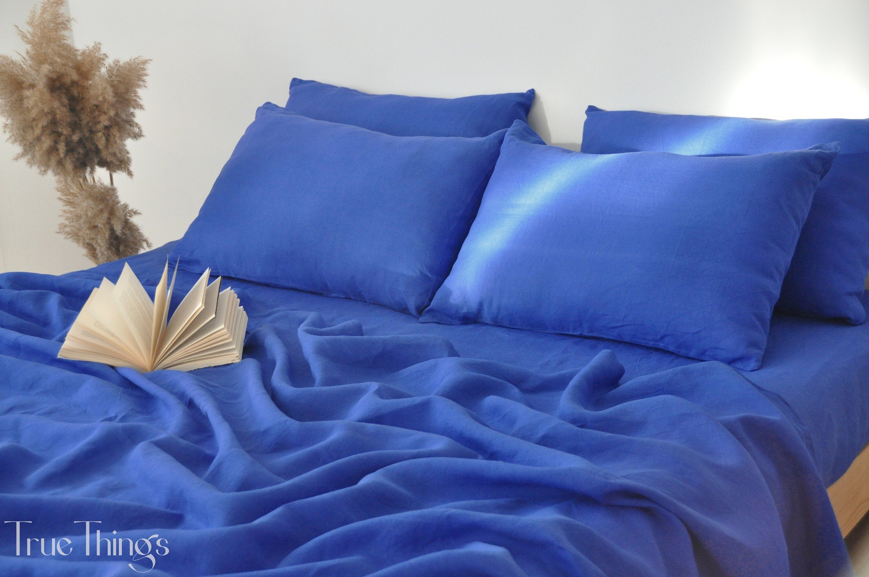 READY TO SHIP from Florida 1 Royal blue 1 flat sheet and 1 fitted sheet and 2 pillowcases Softened linen sheet Stonewashed linen