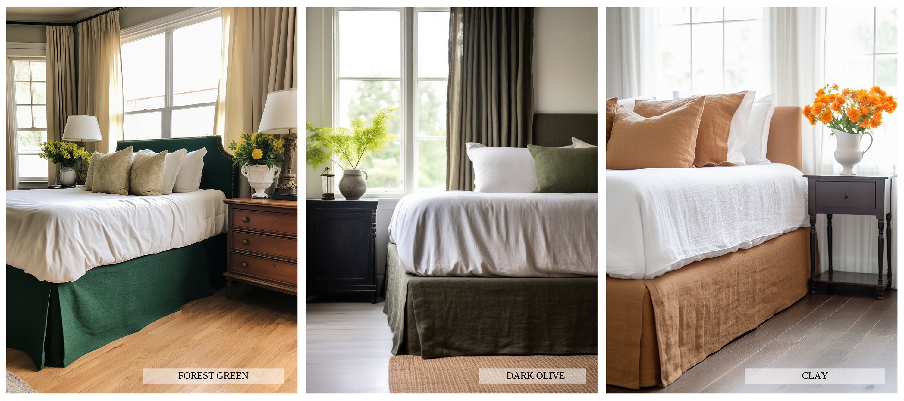 READY TO SHIP Dark olive linen tailored bed skirt Tailored bed skirt Stonewashed linen Wedding gift Queen King Double