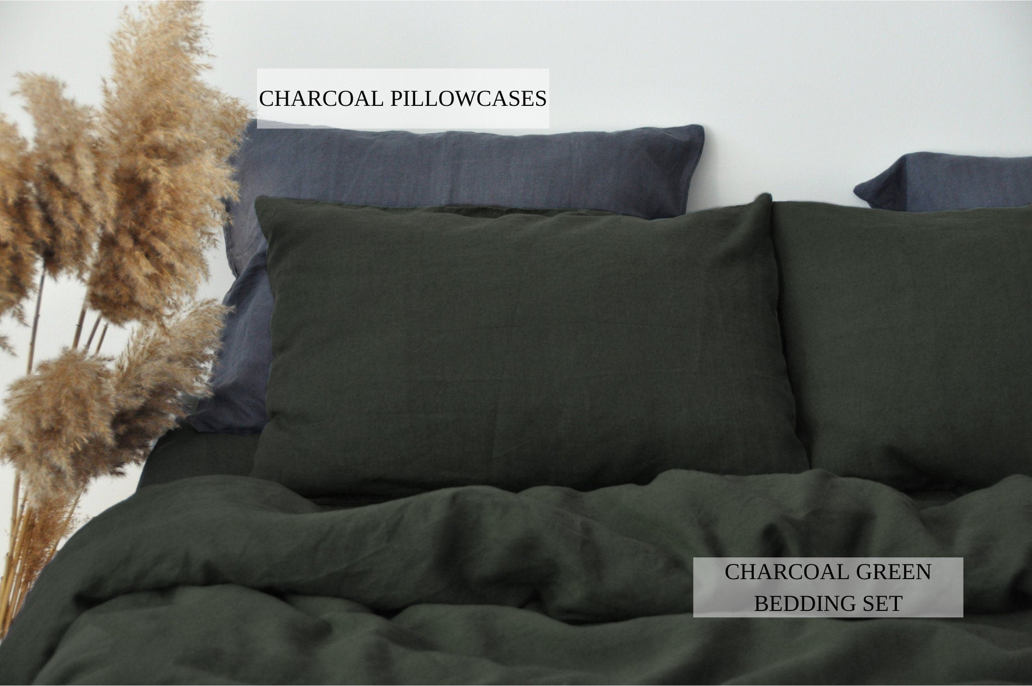 READY TO SHIP Charcoal green linen duvet cover 1 duvet cover Softened linen Comforter cover Coconut buttons Ribbon ties   Hidden closure