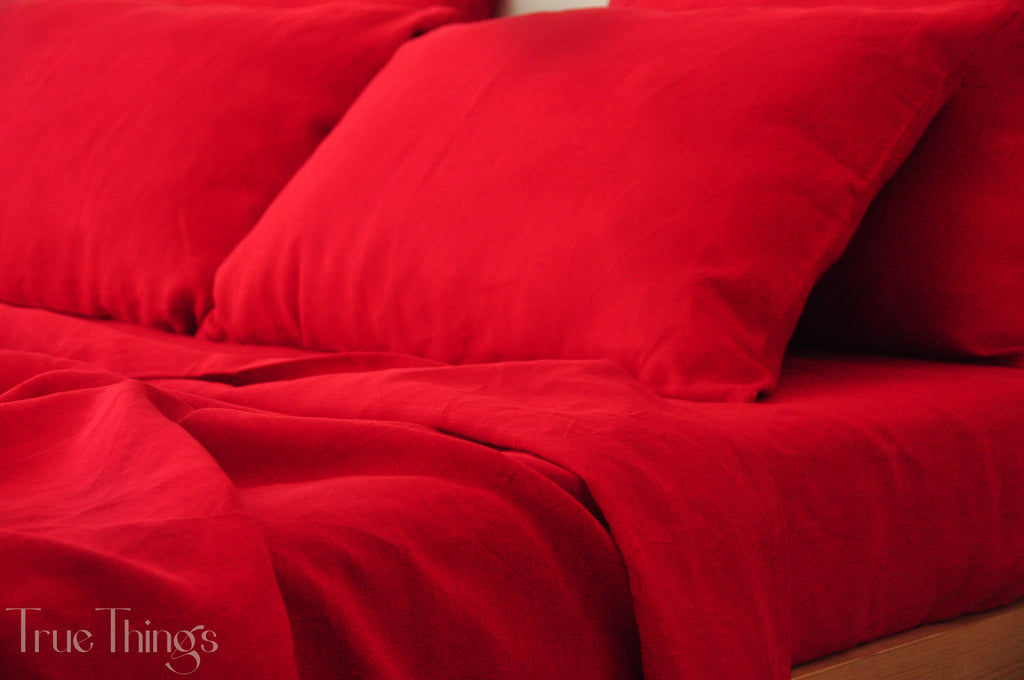 READY TO SHIP Scarlet red linen fitted sheet Queen size fitted sheet Softened linen sheet Stonewashed linen Linen bedsheet