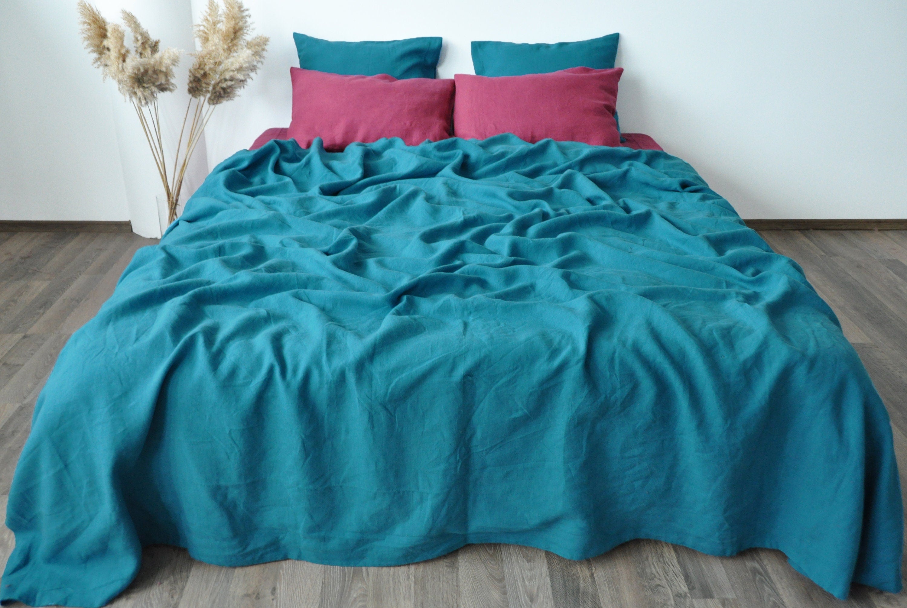 READY TO SHIP Sea wave linen coverlet Blue double layered linen coverlet Stonewashed Medium weight blanket Summer blanket