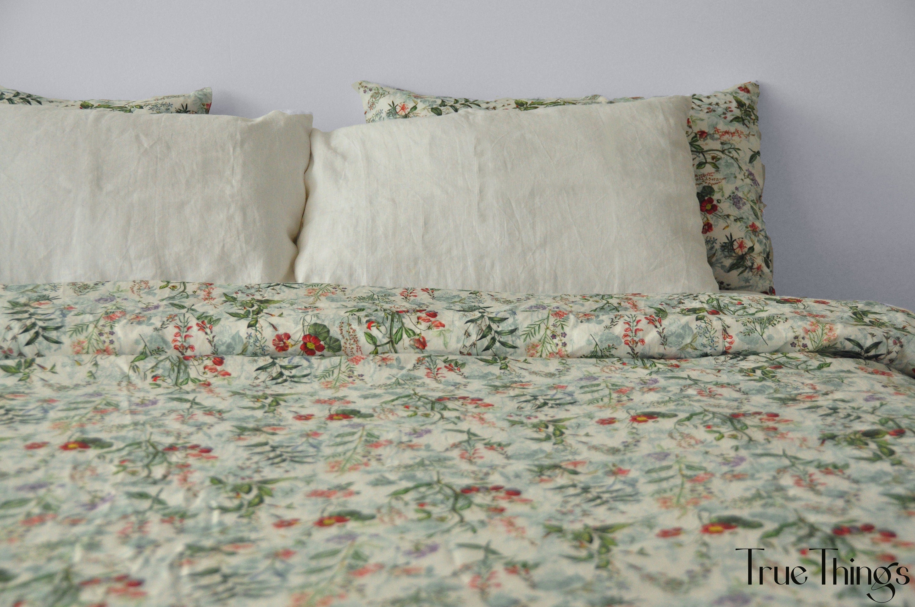 READY TO SHIP / Floral linen bedding set / Queen duvet cover + 2 Queen pillowcases with floral print / Comforter cover set / Softened linen