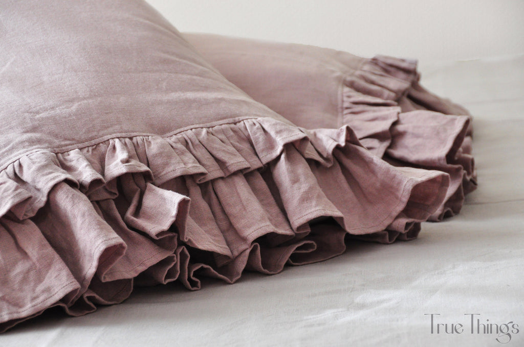 READY TO SHIP Woodrose linen pillowcase with double ruffles on one side Square size Ribbon ties closure