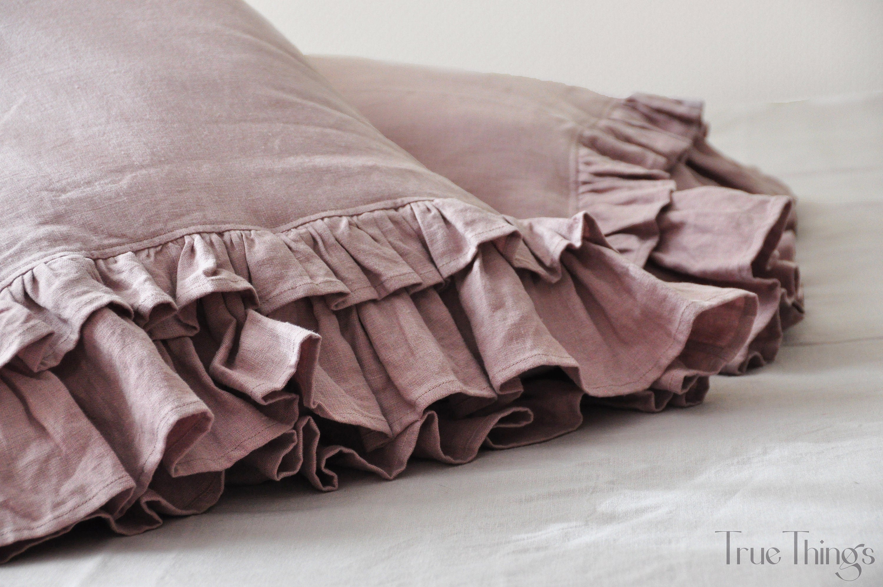 READY TO SHIP Woodrose linen pillowcase with double ruffles on one side Square size Ribbon ties closure