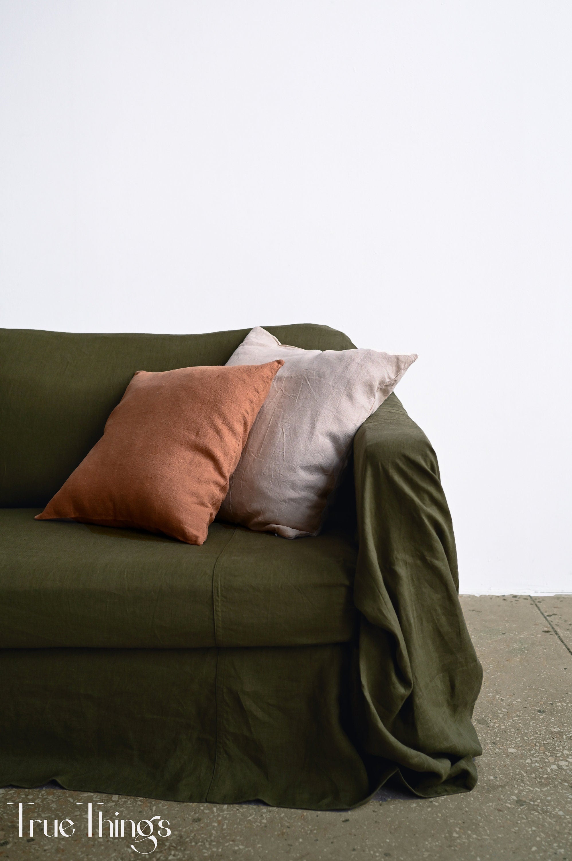 READY TO SHIP from Florida 1 Dark olive linen sofa slipcover Couch throw Softened linen drop cloth couch cover Eco friendly bedspread Custom