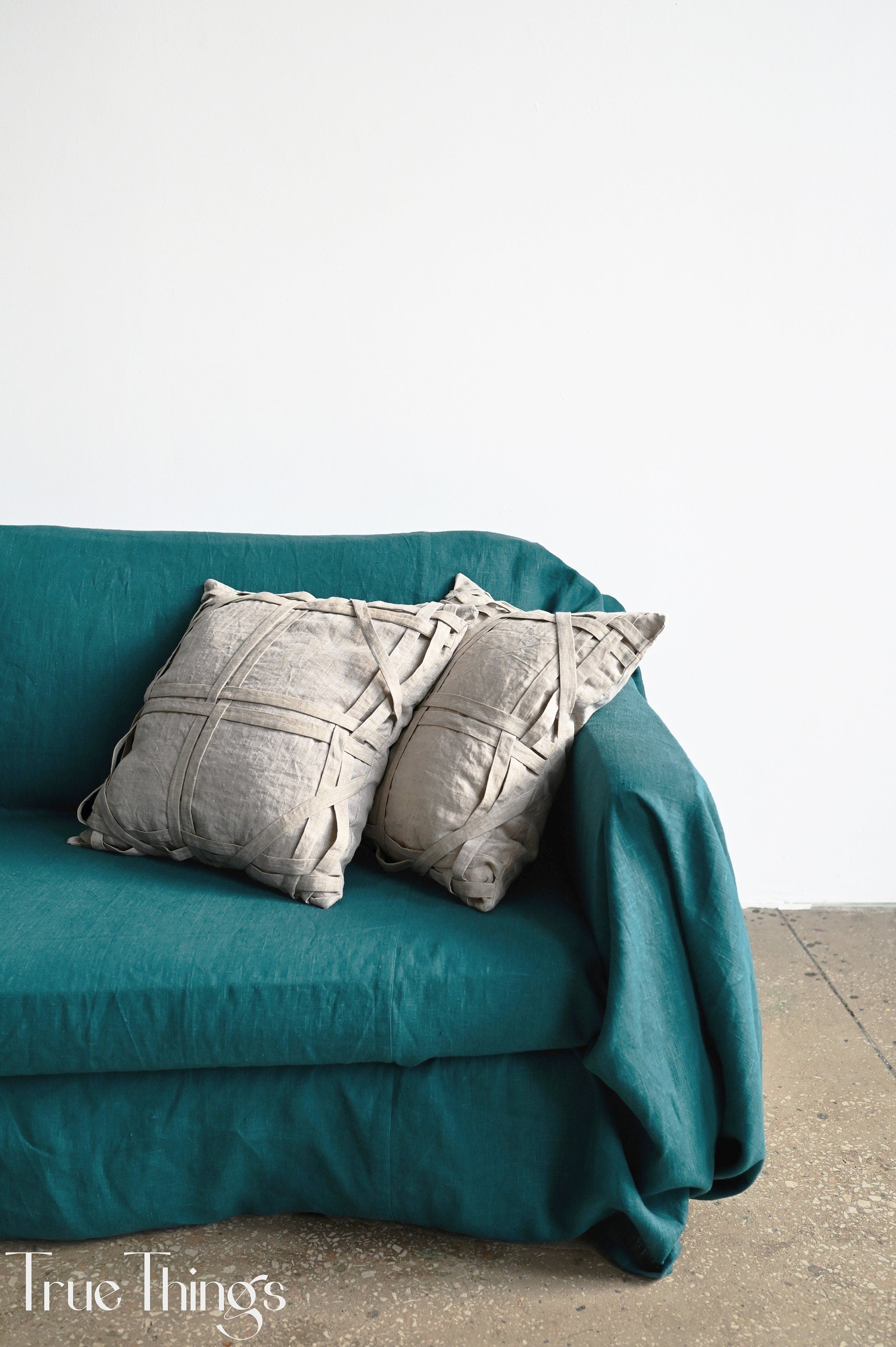READY TO SHIP 1 undyed linen pillowcase Undyed linen pillow cover with fabric stripes Decorative Zipper closure