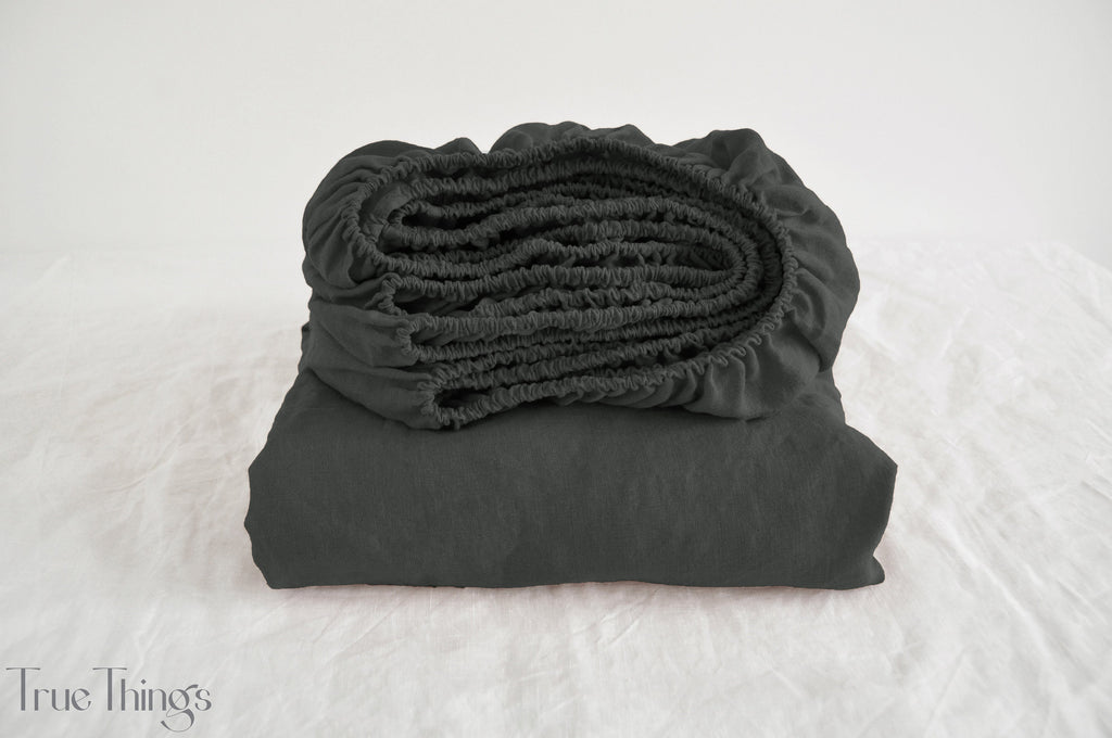 READY TO SHIP 1 Charcoal linen fitted sheet and 2 pillowcases Fitted sheet Softened linen sheet Stonewashed linen