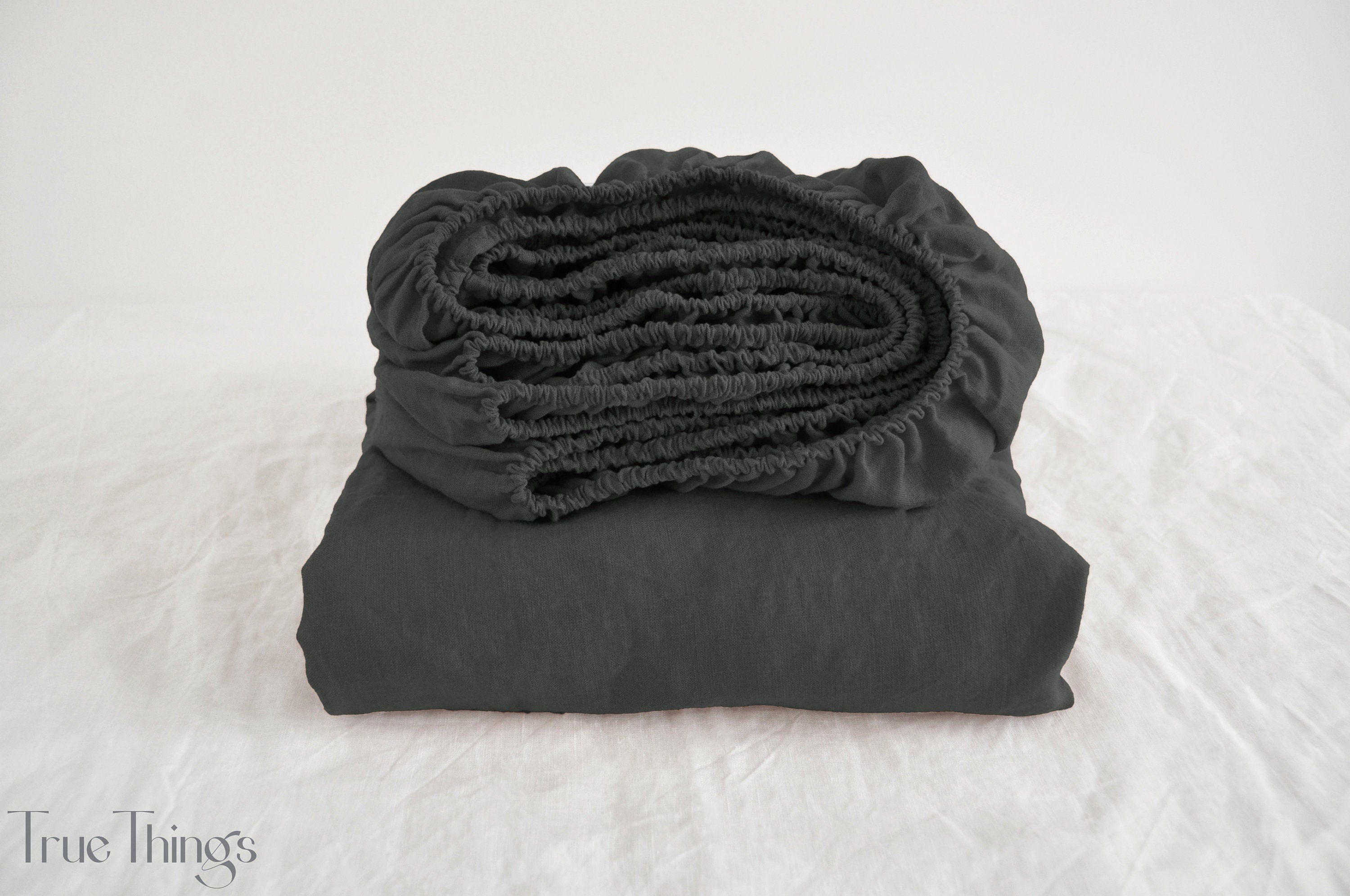 READY TO SHIP 1 Charcoal linen fitted sheet and 2 pillowcases Fitted sheet Softened linen sheet Stonewashed linen