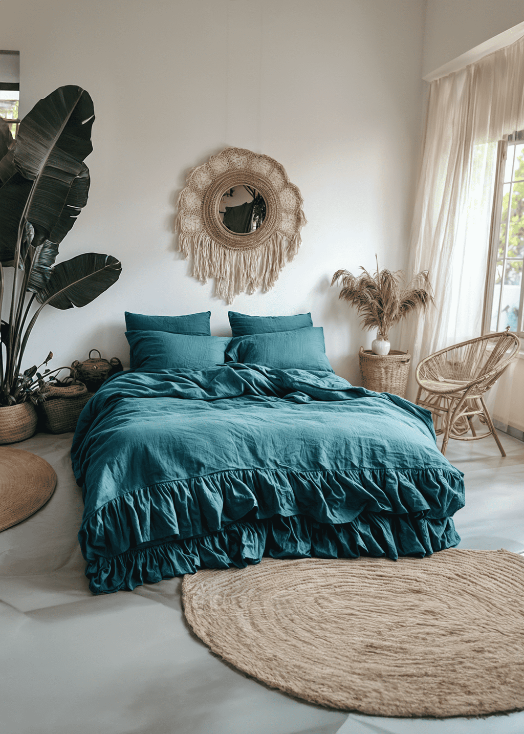 Teal linen double ruffled duvet cover