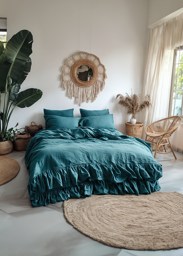 Teal linen double ruffled bedding set