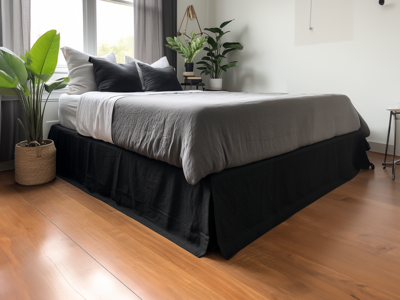 Black linen tailored bed skirt