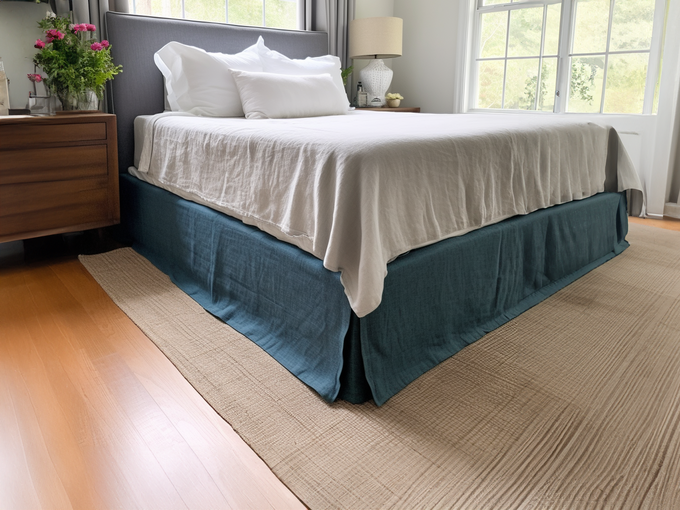 Jupe de lit sur mesure en lin bleu sarcelle anthracite