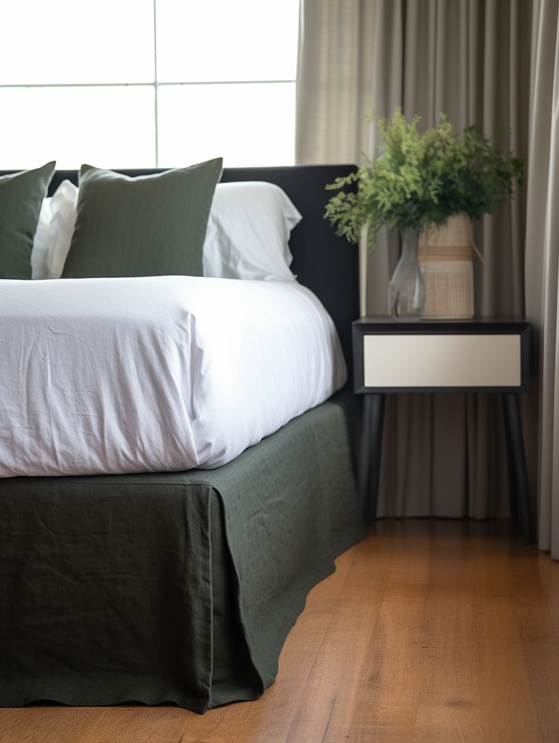 Charcoal green linen tailored bed skirt