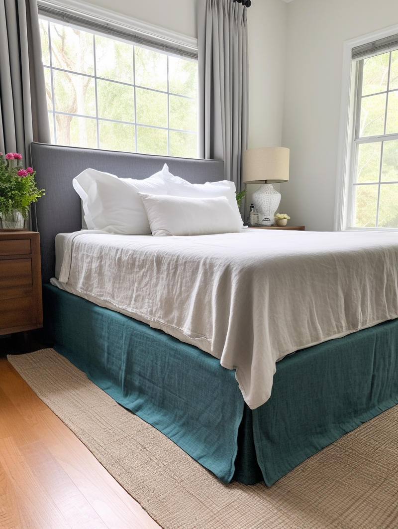 Charcoal teal linen tailored bed skirt