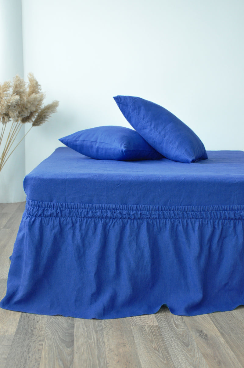 Royal blue linen wrap around bed skirt