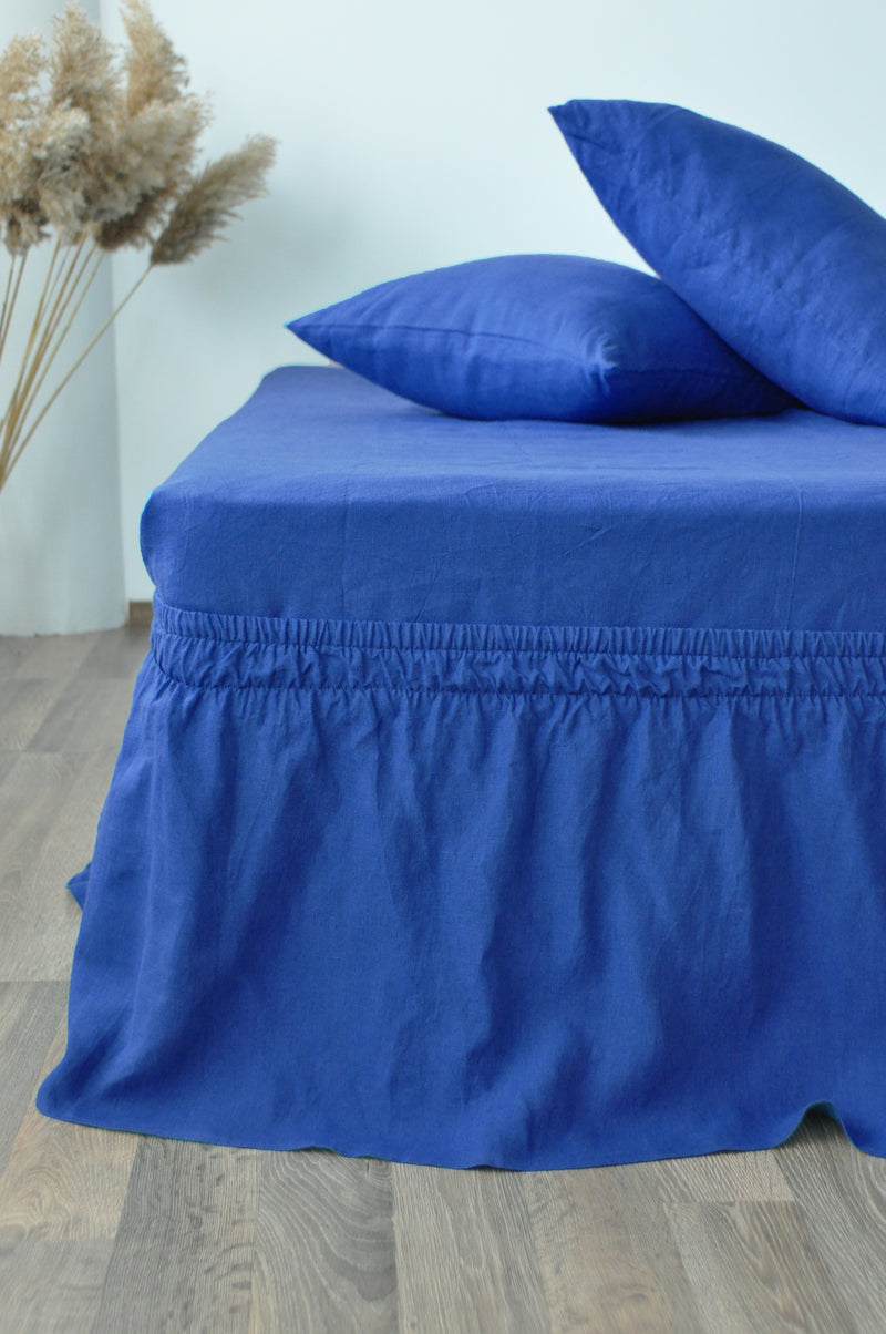 Royal blue linen wrap around bed skirt