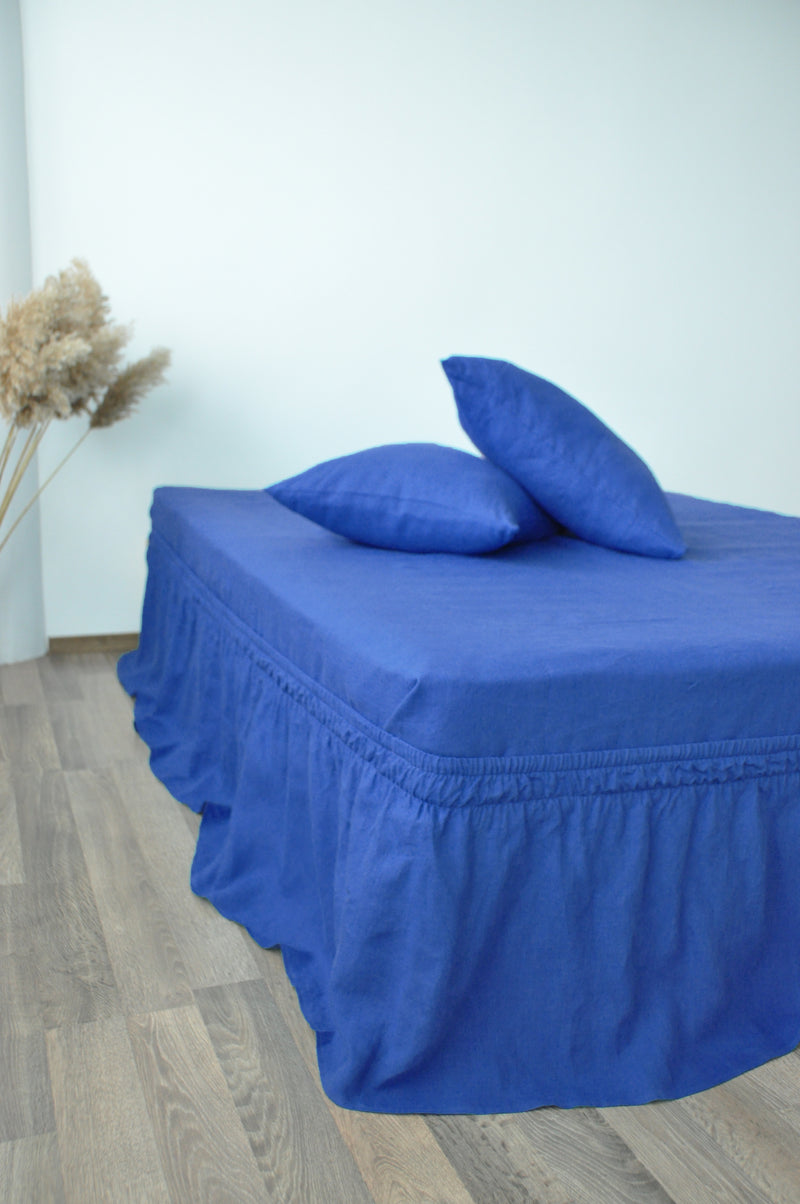 Royal blue linen wrap around bed skirt