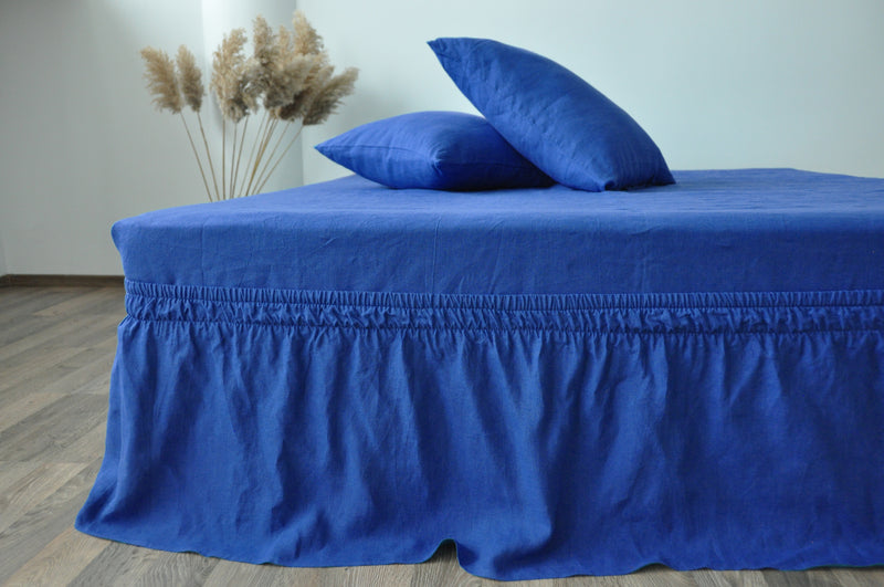 Royal blue linen wrap around bed skirt