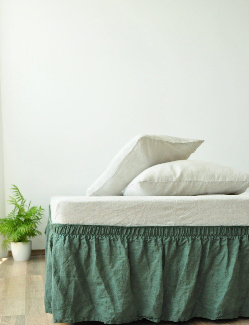 Pine green linen wrap around bed skirt