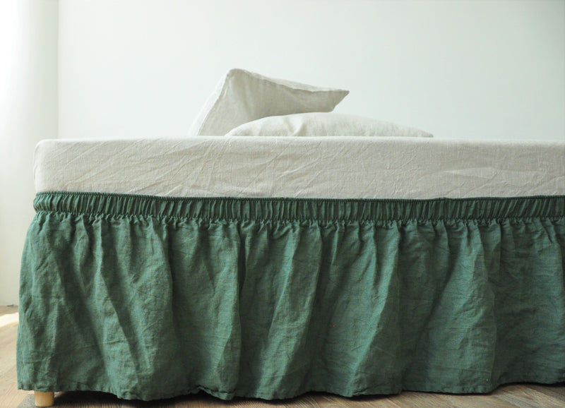 Pine green linen wrap around bed skirt