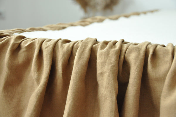 Taupe linen ruffled bed skirt