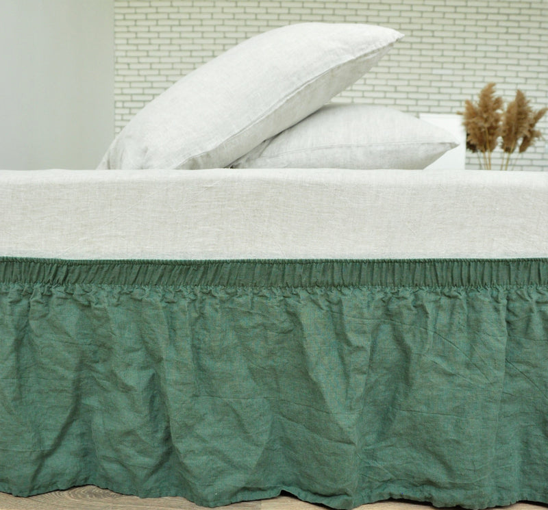 Pine green linen wrap around bed skirt