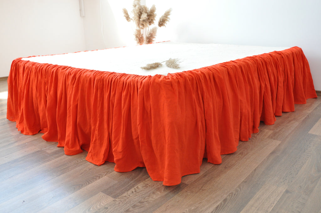 Bright orange linen ruffle bed skirt