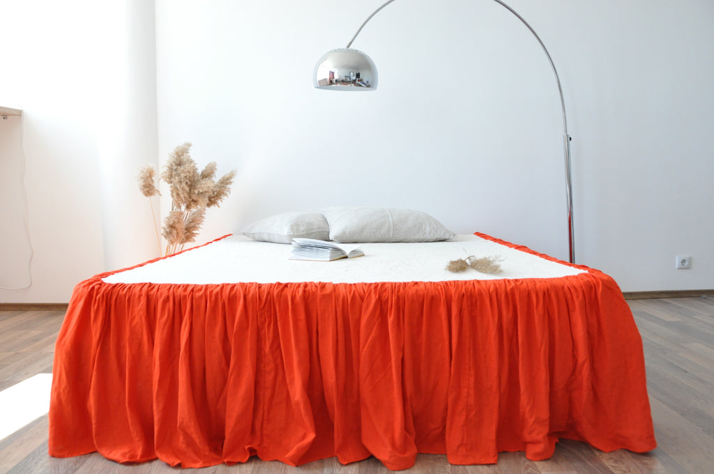 Bright orange linen ruffle bed skirt