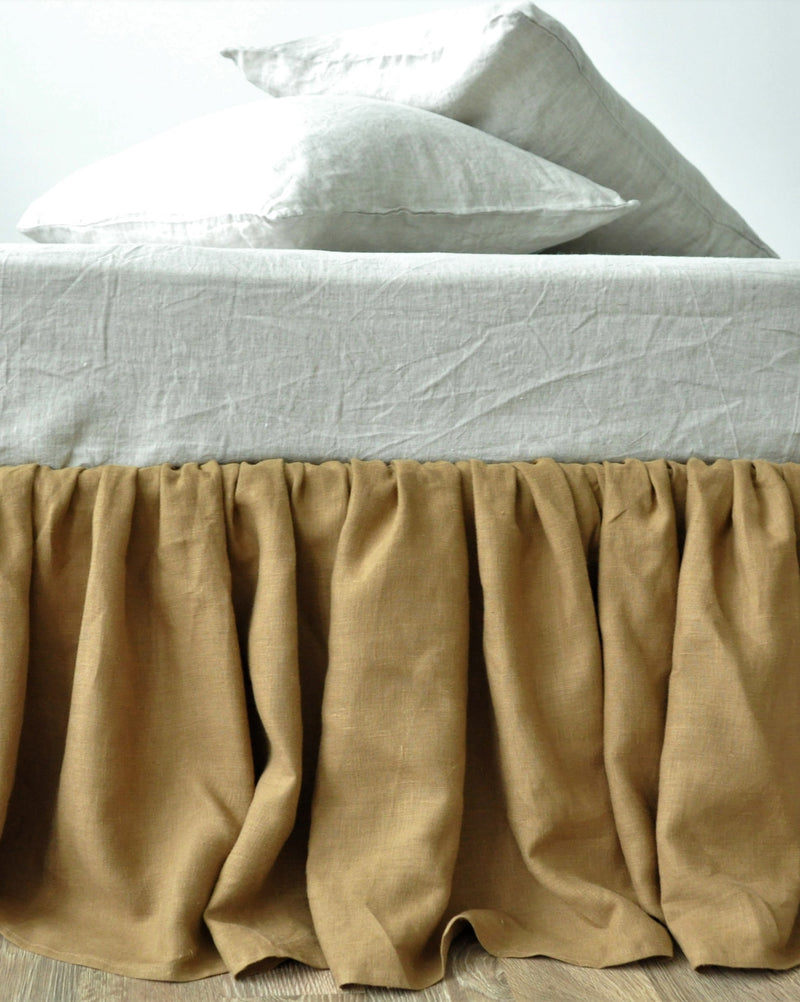 Taupe linen ruffled bed skirt