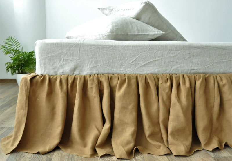 Taupe linen ruffled bed skirt