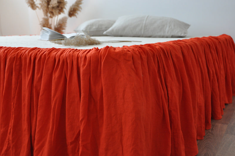 Bright orange linen ruffle bed skirt